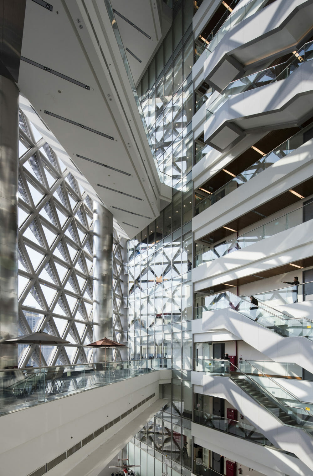 Interior of Telkom Lanndmark Tower. The tower’s circumferential form is determined by the dynamic site conditions and surrounding view corridors and, as it rises, transforms into a four-cornered crown.