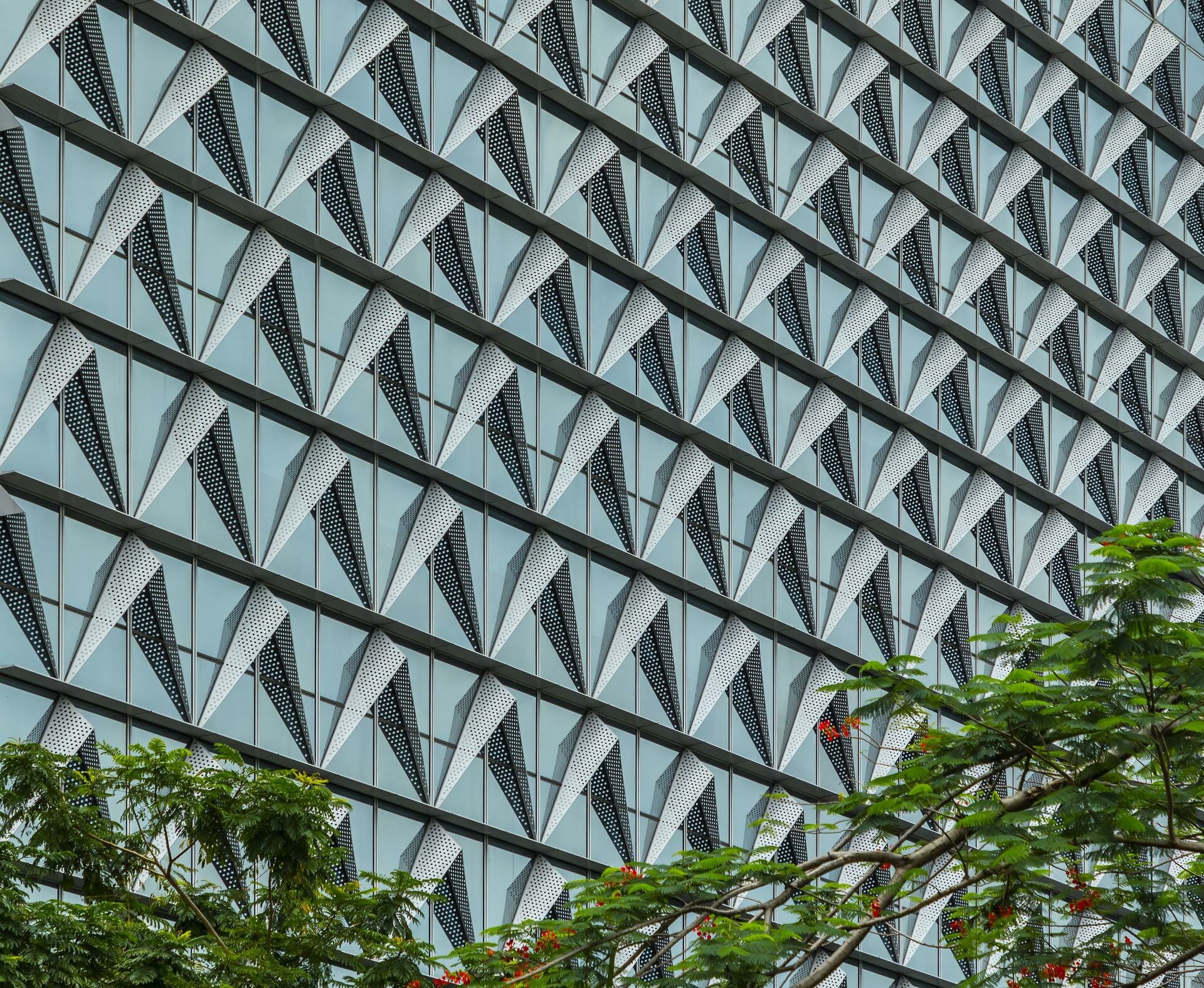 The facade inspired by the batik patterns found in Indonesian textiles.